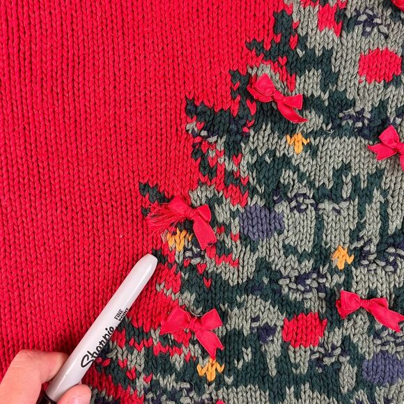 Vtg Woolrich Hand Knit Christmas Tree Dog Bow Sweater Crewneck Women's M - Picture 4 of 12